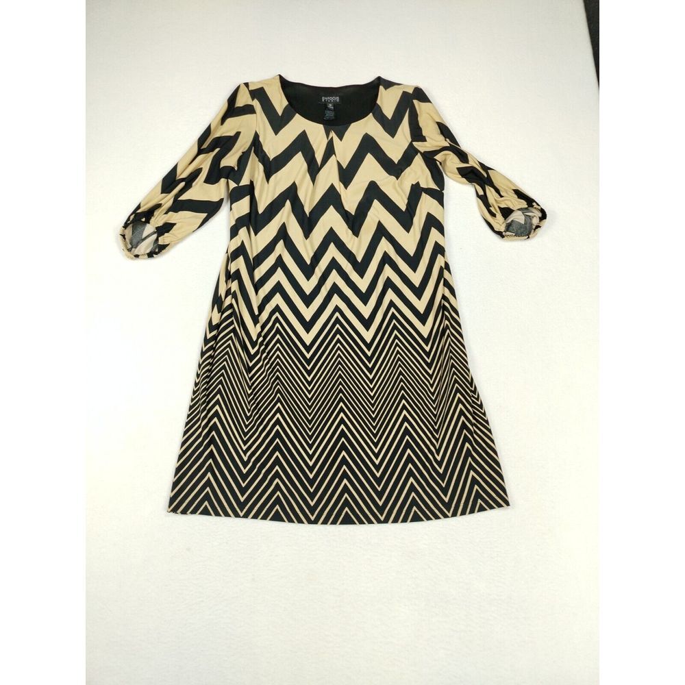 EN FOCUS STUDIO A Line Dress Women's 12 Black Beige‎ Geometric Chevron Twee
